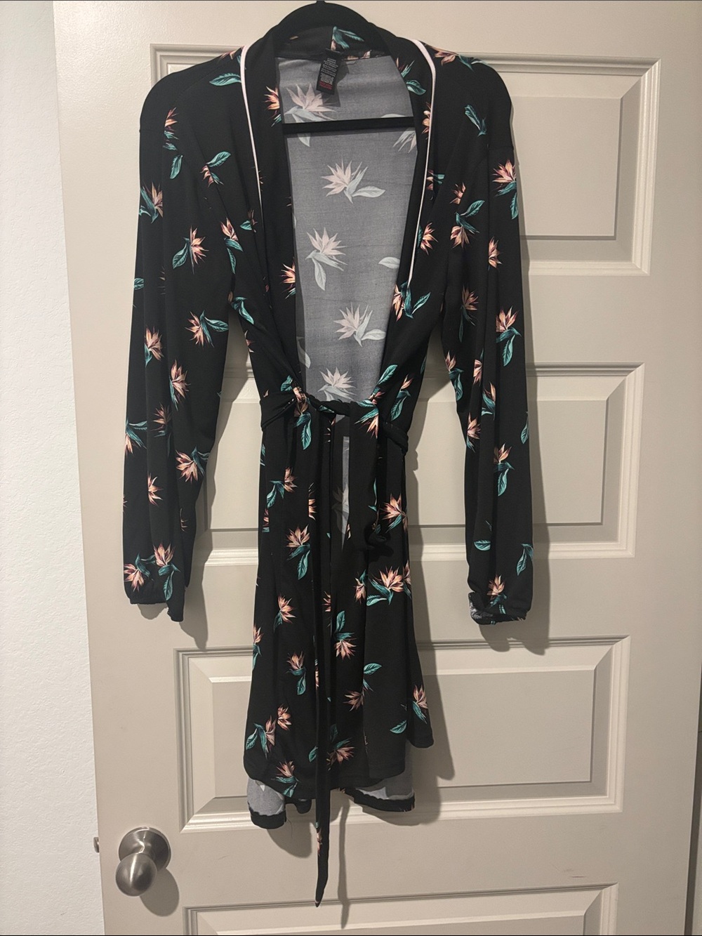 Tahari Black Floral Tie-Waist Robe with Teal and Blush Floral Print